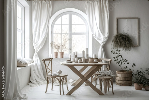Farmhouse dining room  all-white project draft. Plaster walls  bohemian interior . Generative AI
