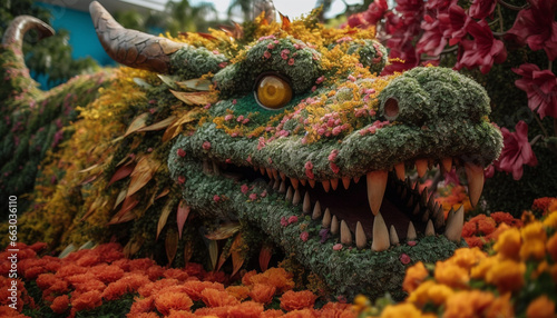 Dragon head statue in colorful parade celebrates Chinese culture outdoors generated by AI