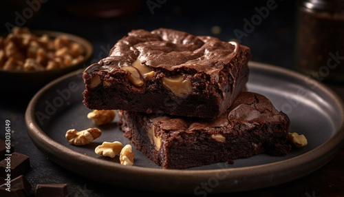 A stack of homemade dark chocolate brownies on rustic table generated by AI