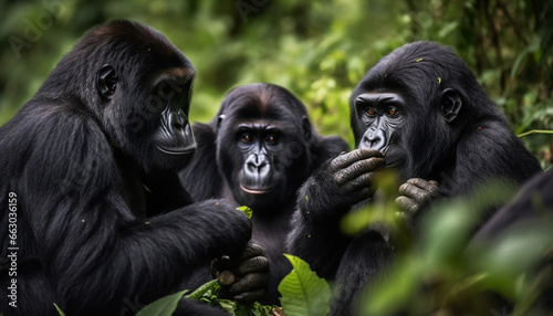 Primate family in African rainforest  monkeys, gorillas, and bonobos generated by AI © djvstock