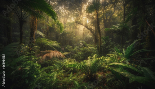 Lush green forest, tropical rainforest, tranquil scene, palm tree, sunlight generated by AI