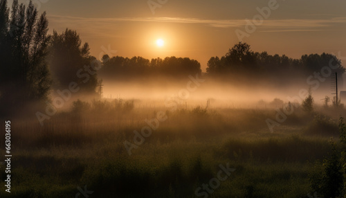 Tranquil scene  foggy meadow  sunrise paints nature beauty in orange generated by AI