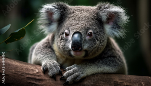 Cute koala sleeping on eucalyptus tree, peaceful nature portrait generated by AI