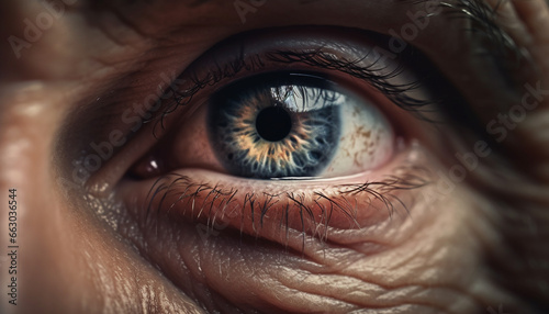 Close up of a human eye looking at camera, blue iris generated by AI