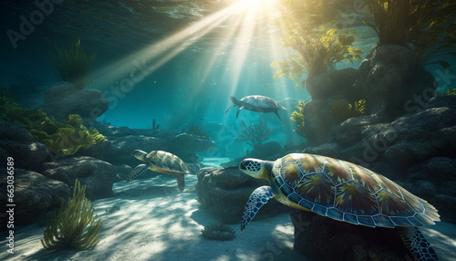 Underwater turtle swimming in blue sea with colorful coral reef generated by AI