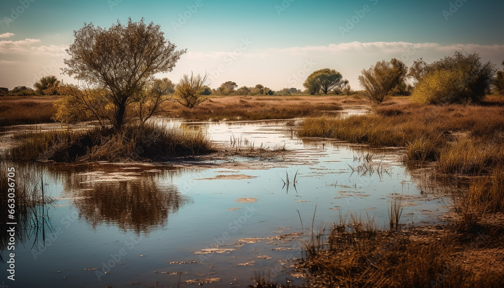 Tranquil scene sunset reflects on blue water, tree in meadow generated by AI Tranquil scene sunset reflects on blue water, tree in meadow generated by AI