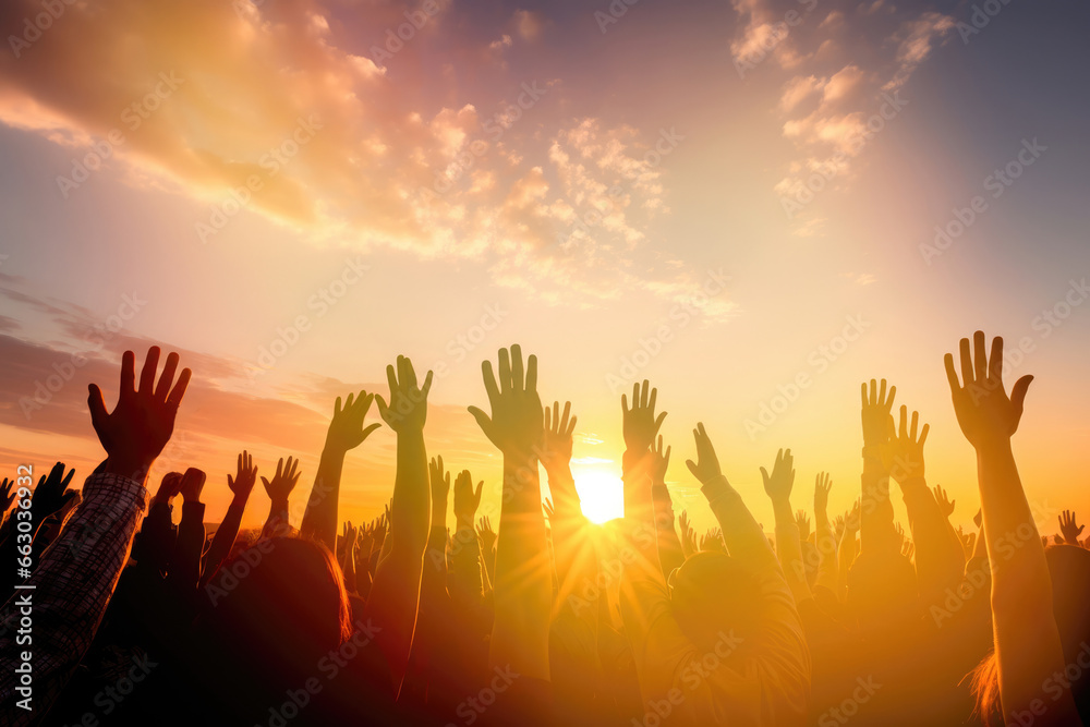 Hands to heaven, group of people with their hands up looking at the ...