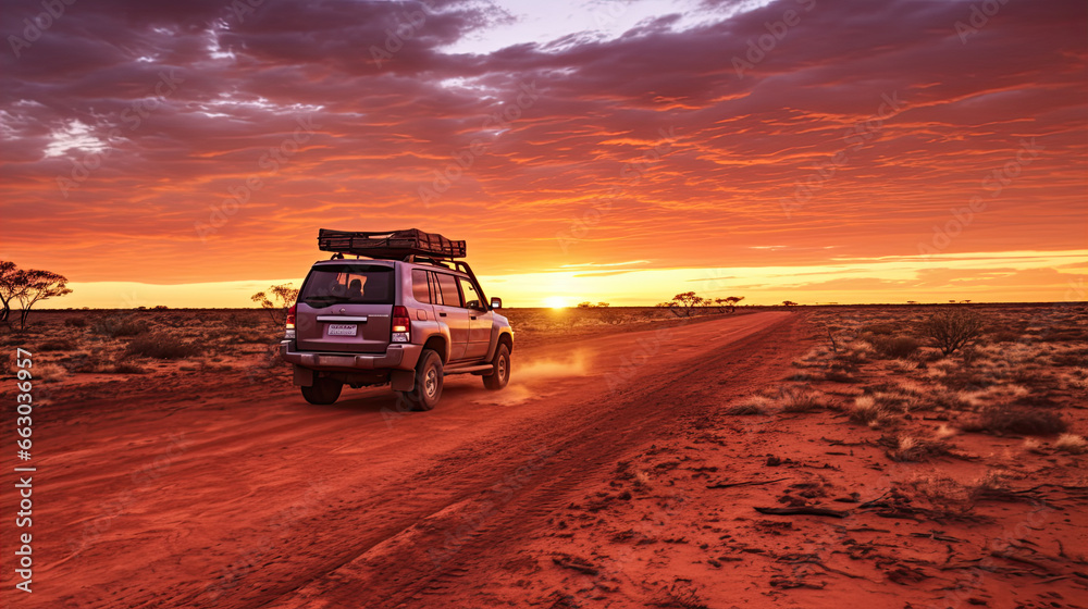 Australia red sand unpaved road and 4x4 at sunset Francoise Peron Shark Bay - obrazy, fototapety, plakaty 