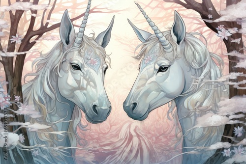 Majestic unicorns with shimmering silver horns - Generative AI