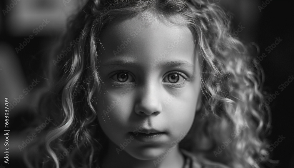 Cute Caucasian child, with curly hair, looking at camera, smiling generated by AI Cute Caucasian child, with curly hair, looking at camera, smiling generated by AI
