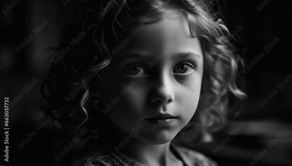 Cute child looking at camera, innocence in a monochrome portrait generated by AI