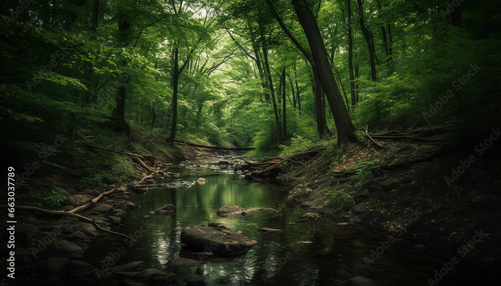 Tranquil scene of a lush green forest, flowing water reflects sunlight generated by AI Tranquil scene of a lush green forest, flowing water reflects sunlight generated by AI