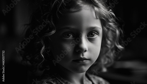 Cute child looking at camera, innocence in a monochrome portrait generated by AI