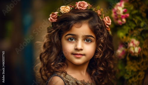 Smiling child, cute portrait, happiness, cheerful, looking at camera generated by AI