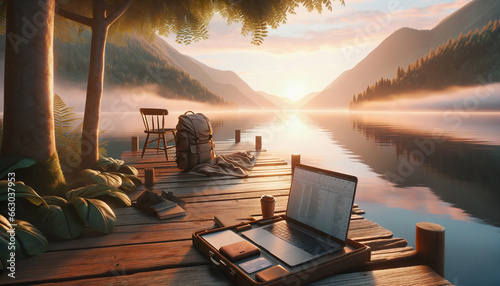 A tranquil scene of a digital nomad working beside a calm lake during sunrise