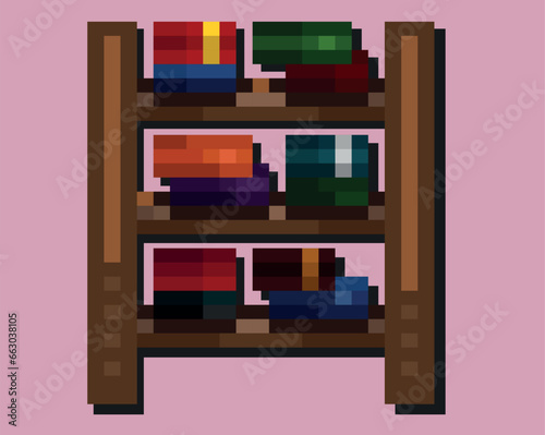 8-bit pixel art library bookshelf, vectorized pixel art bookshelf.