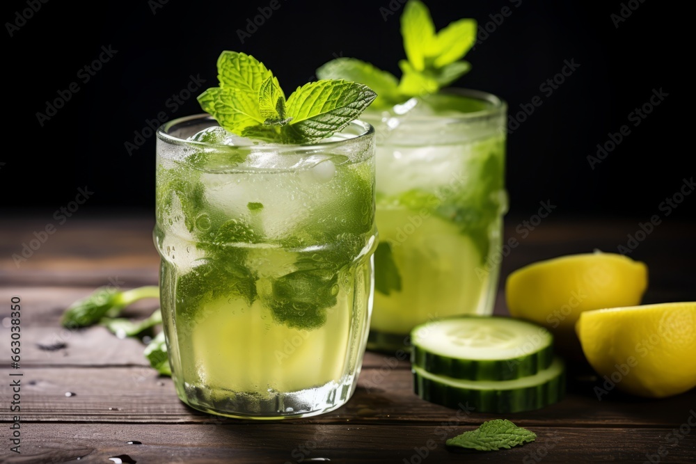 A Refreshing Summer's Day Beverage: Close-up of a Chilled Cucumber and Lemon Spritzer, Garnished with Fresh Mint Leaves on a Rustic Wooden Table A Refreshing Summer's Day Beverage: Close-up of a Chilled Cucumber and Lemon Spritzer, Garnished with Fresh Mint Leaves on a Rustic Wooden Table