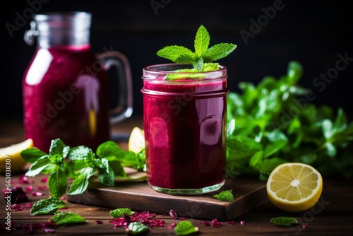 A vibrant, freshly prepared beetroot blend in a tall glass, garnished with mint leaves and served on a rustic wooden table