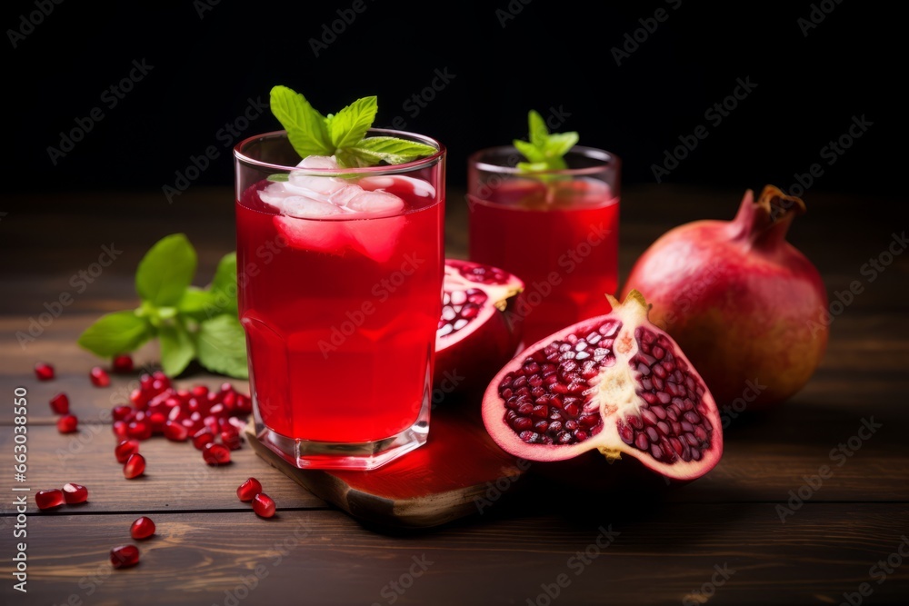 A Refreshing Glass of Freshly Squeezed Apple and Pomegranate Juice, Garnished with Mint Leaves, on a Rustic Wooden Table A Refreshing Glass of Freshly Squeezed Apple and Pomegranate Juice, Garnished with Mint Leaves, on a Rustic Wooden Table