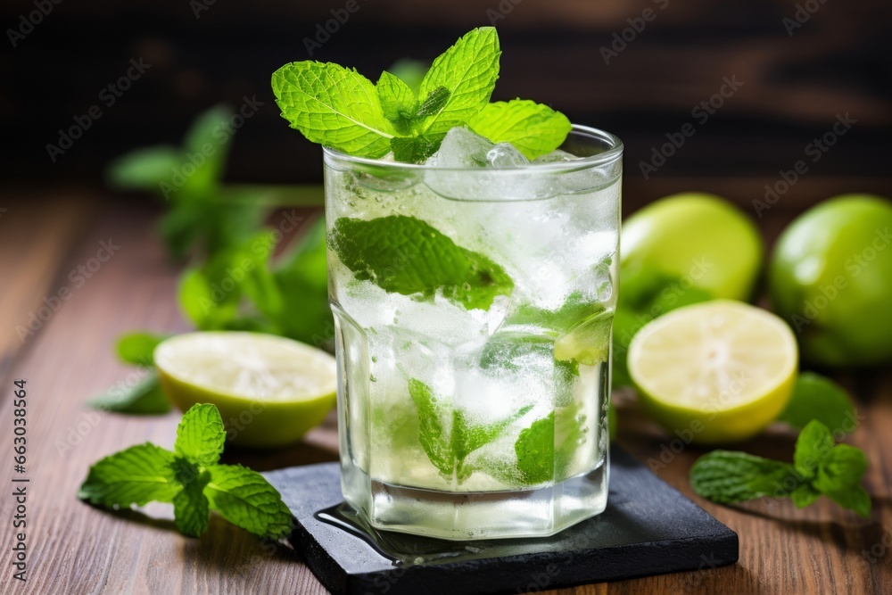 Refreshing Summer Beverage: A Close-Up Shot of an Apple and Mint Cooler, Perfectly Garnished with Fresh Mint Leaves and Sliced Apples Refreshing Summer Beverage: A Close-Up Shot of an Apple and Mint Cooler, Perfectly Garnished with Fresh Mint Leaves and Sliced Apples