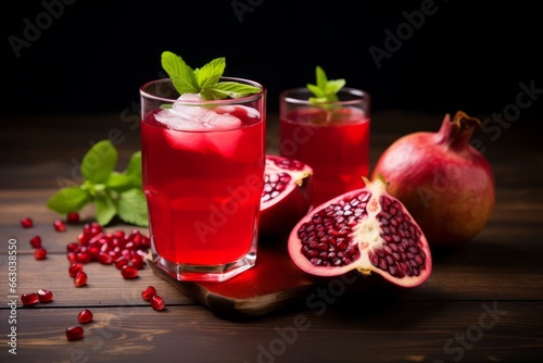 Wallpaper Mural A Refreshing Glass of Freshly Squeezed Apple and Pomegranate Juice, Garnished with Mint Leaves, on a Rustic Wooden Table Torontodigital.ca