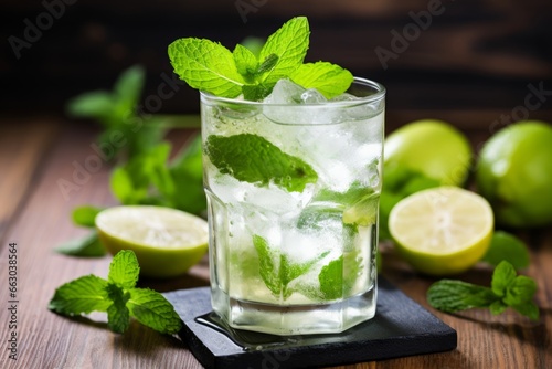 Refreshing Summer Beverage: A Close-Up Shot of an Apple and Mint Cooler, Perfectly Garnished with Fresh Mint Leaves and Sliced Apples