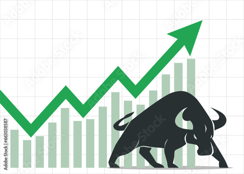 trading bullish position forex stock graph rising up profit grow up bull stand near a big green arrow and bar chart pointing up