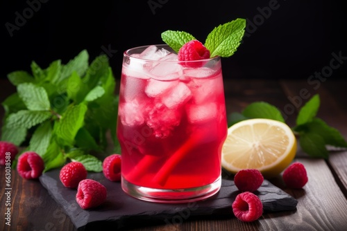 A Refreshing Glass of Homemade Apple and Raspberry Lemonade, Garnished with Fresh Mint Leaves and Served on a Rustic Wooden Table