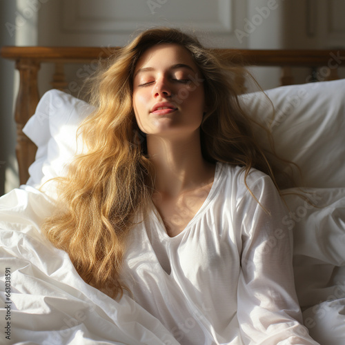 young woman lying on a white bed