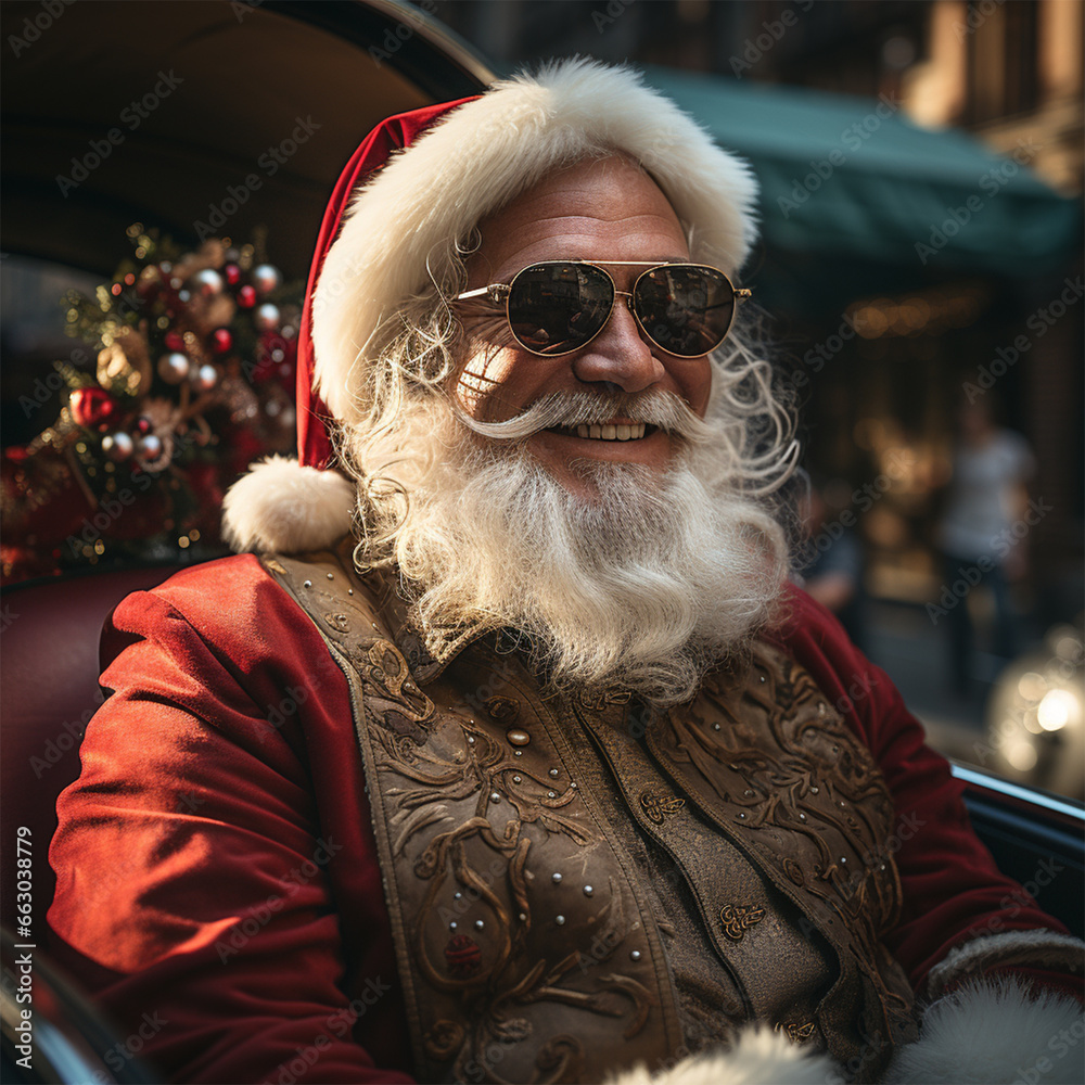 Santa Claus in a stylized retro car with embroidery and with ethnic elements on clothes. 