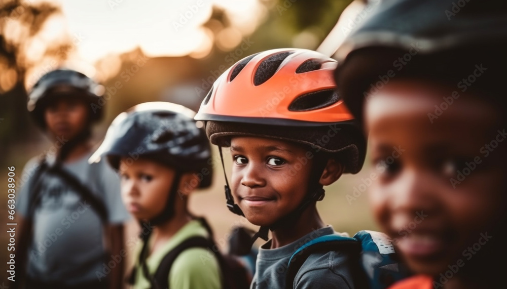 Smiling boys and girls, African and Caucasian, bonding in nature generated by AI Smiling boys and girls, African and Caucasian, bonding in nature generated by AI
