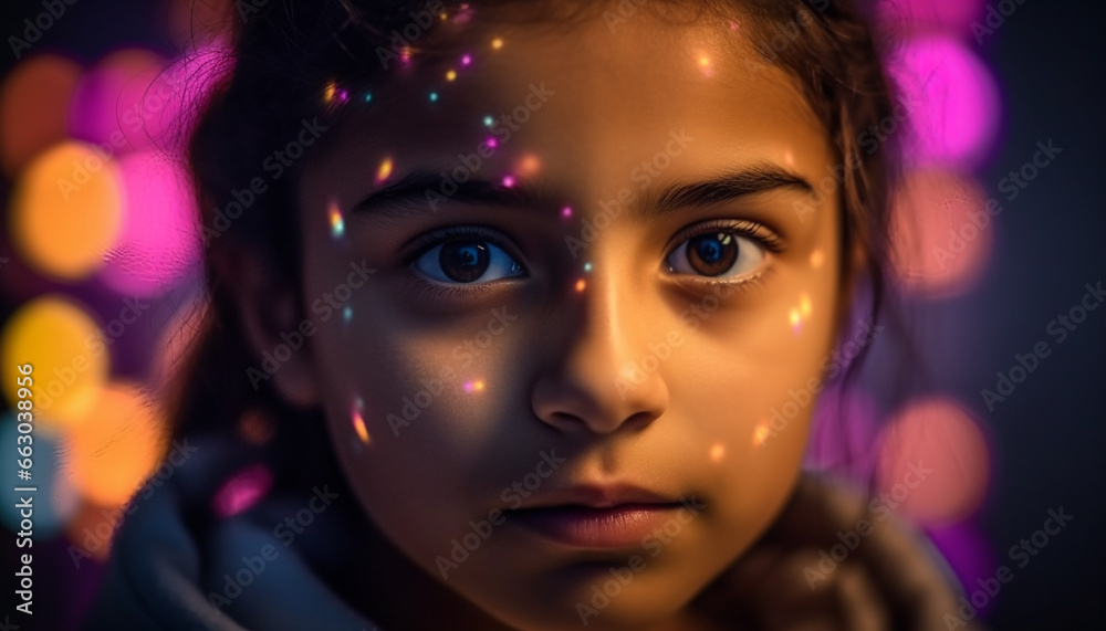Cute Caucasian girl, illuminated in dark, smiling, looking at camera generated by AI