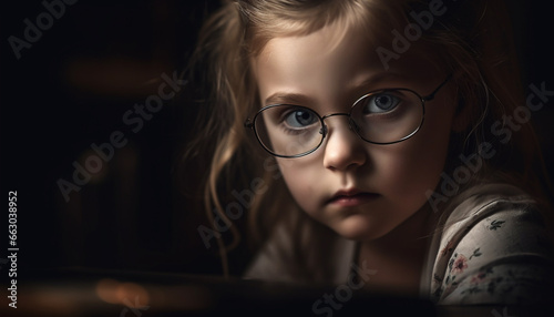 A cute girl with brown hair, wearing eyeglasses, looking sad generated by AI