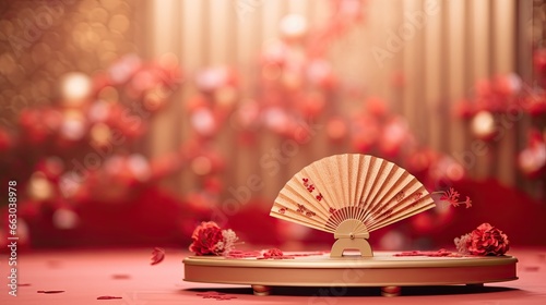 Luxury Chinese podium mockup with flower and Chinese fan on the glitter background AI Generative