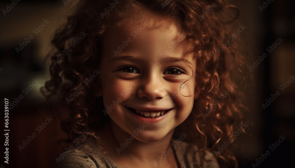 Smiling child with curly hair, looking at camera, radiating happiness generated by AI