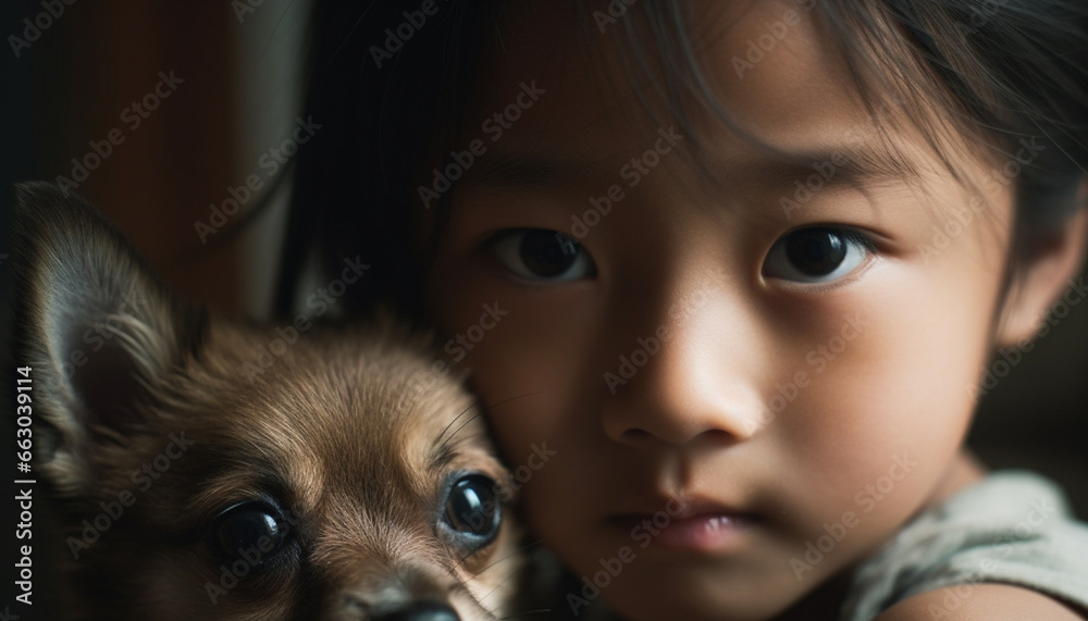 Cute child with small dog, a portrait of pure friendship generated by AI Cute child with small dog, a portrait of pure friendship generated by AI
