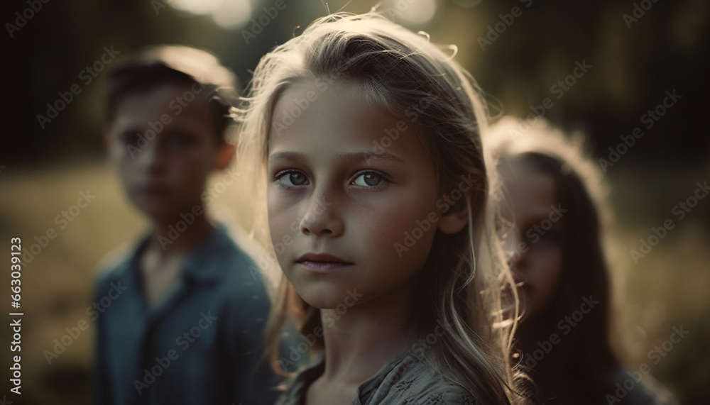 Fototapeta premium Smiling girls, cute and cheerful, looking at camera, enjoying summer generated by AI