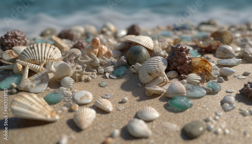 Nature beauty in summer sand, coastline, water, tropical climate, seashell generated by AI