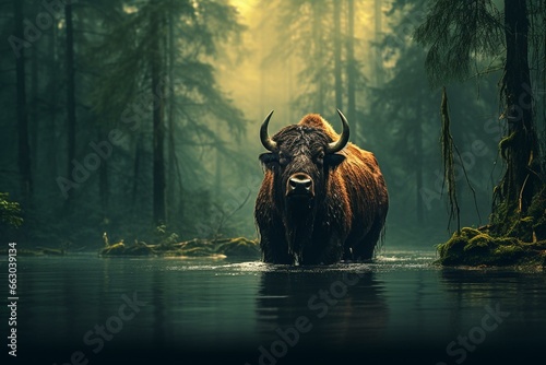 An image of a buffalo in water with a forest backdrop. Generative AI photo