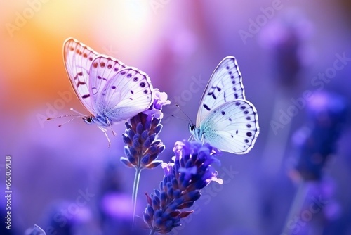Two butterflies on lavender blossoms in springtime macro, soft focus. Lovely, fantastic, atmospheric image of natural world splendor. Generative AI