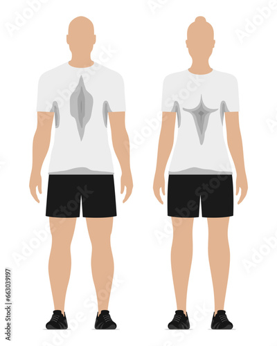 Vector set of man and woman wearing sweaty shirts with stains, isolated on white background.