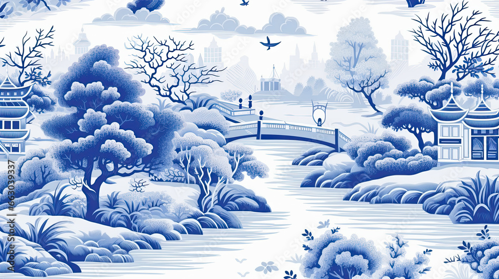 Blue Willow seamless Pattern, Chinese Blue Willow Motifs, Scrapbooking, Chinoiserie digital seamless paper - obrazy, fototapety, plakaty 