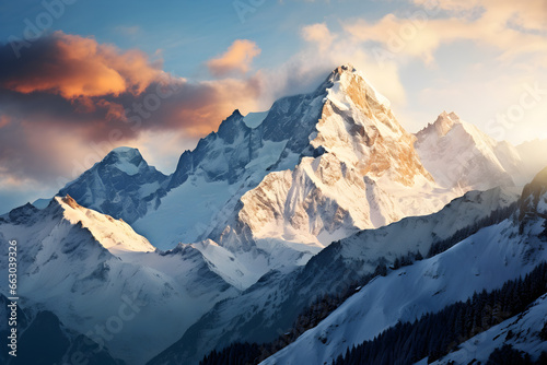 Winter Bliss, Majestic Snow-Capped Peaks Basking in Sunlight © ELmidoi-AI