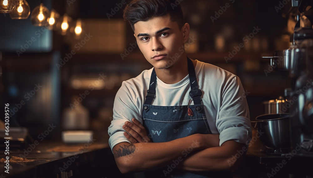 Fototapeta premium Confident barista, young man, expertly working in coffee shop generated by AI