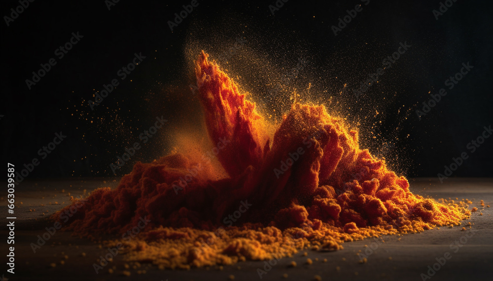 Naklejka premium Exploding flame ignites heat, burning nature dark night with glowing fire generated by AI