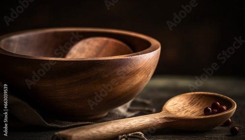 Wooden spoon and rustic bowl hold fresh organic food in kitchen generated by AI