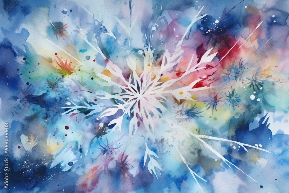 Festive watercolor art of Christmas with snowflakes and mesmerizing lights. Generative AI