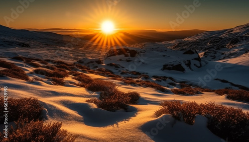Majestic mountain peak, tranquil sunset, panoramic winter landscape, serene nature generated by AI © djvstock