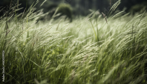 Nature beauty in summer  green meadow  fresh growth  and macro environment generated by AI