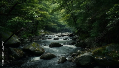 Tranquil scene of a wet forest with flowing water and green leaves generated by AI